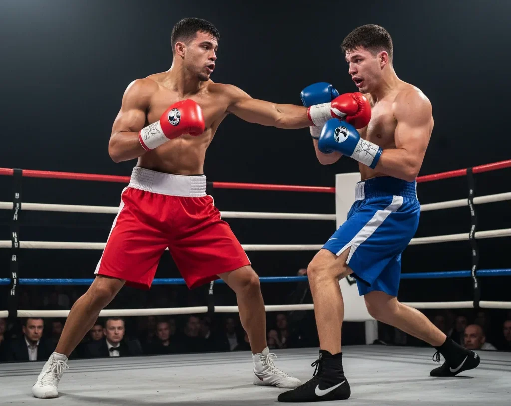 Deux boxeurs en position de garde sur un ring, opposition de styles puncheur contre styliste