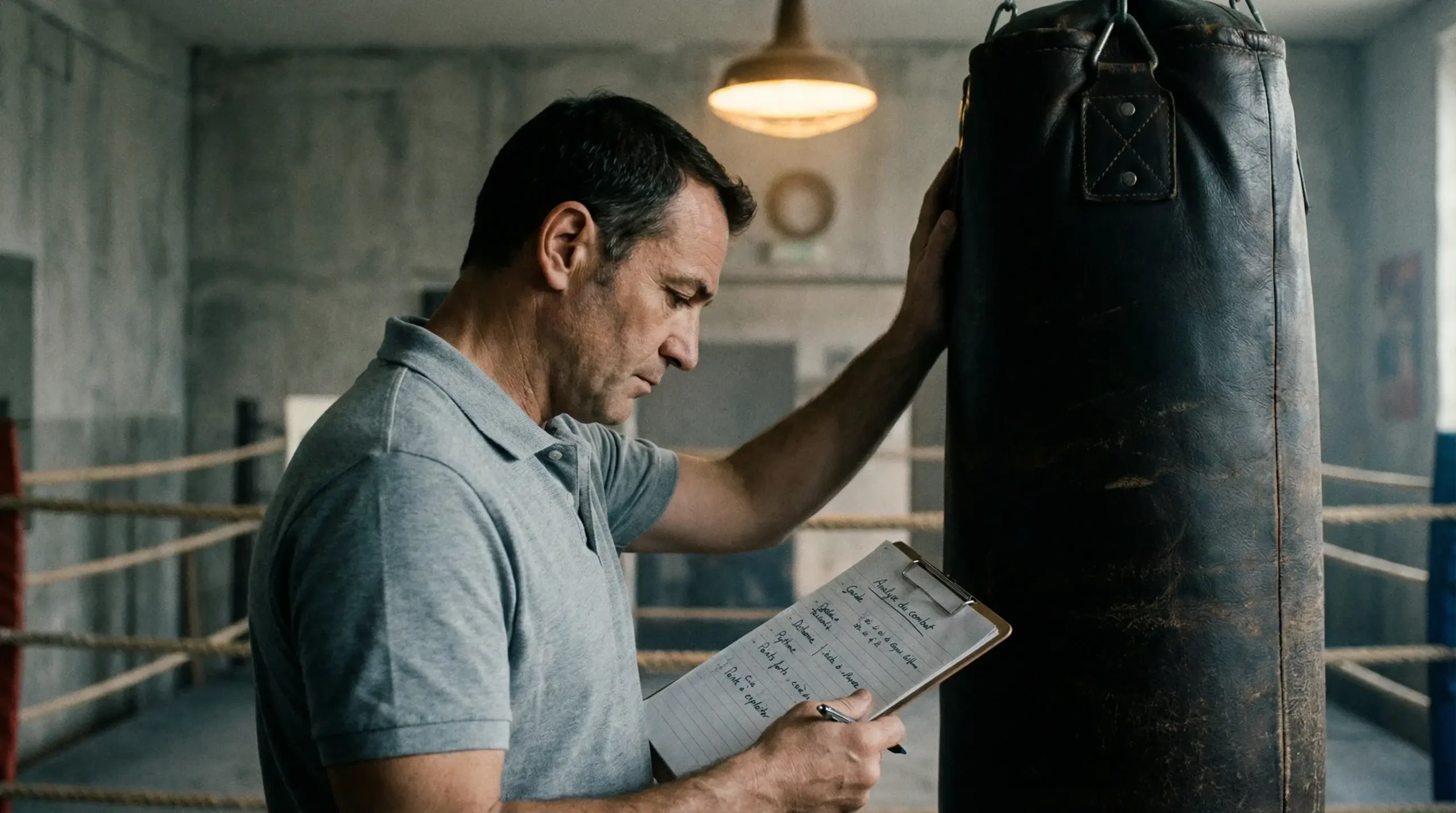 Analyse d'un combat de boxe : entraîneur étudiant un boxeur à l'entraînement