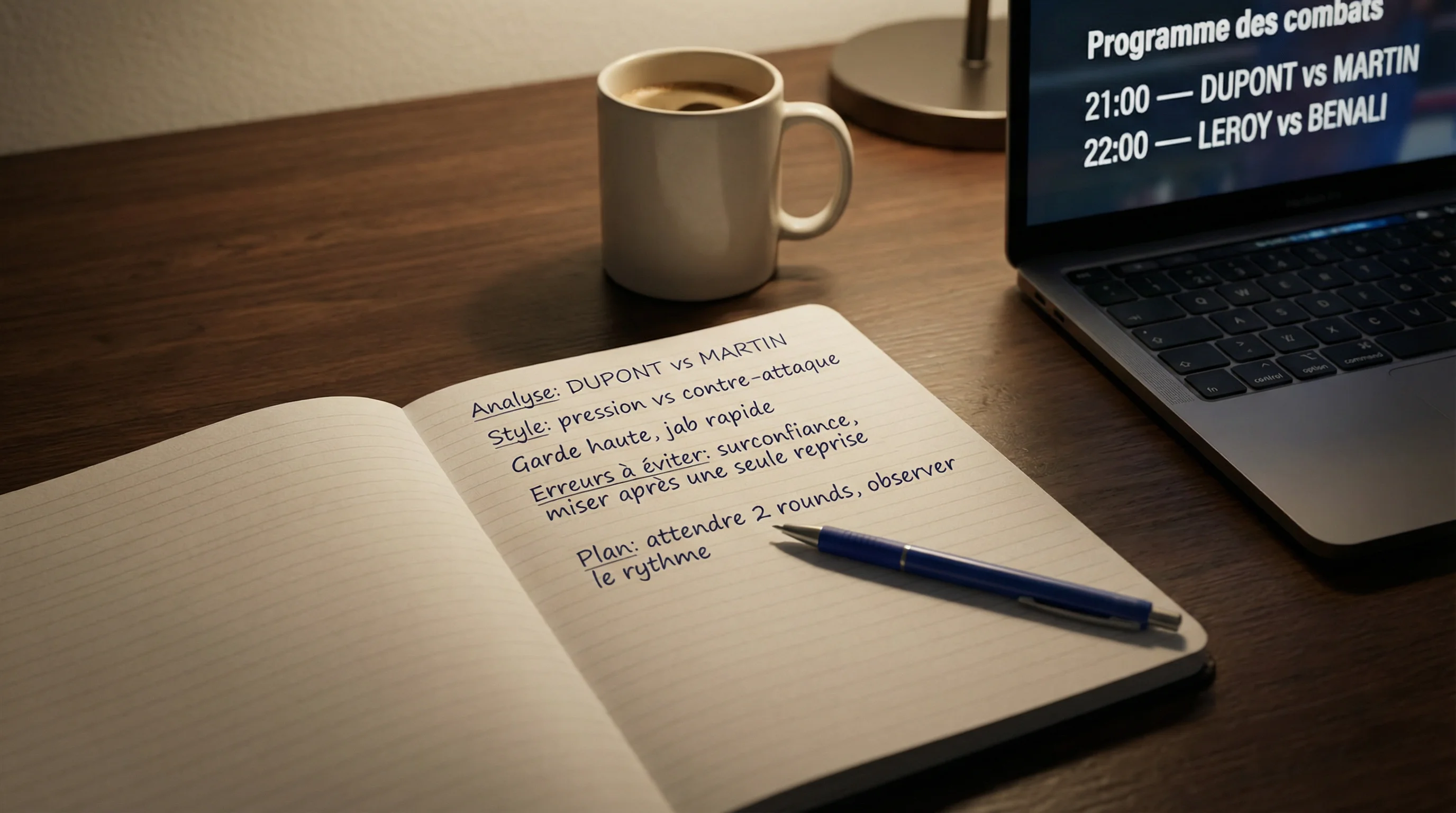 Carnet de notes ouvert avec des annotations manuscrites d'analyse de combat de boxe