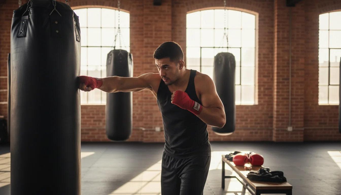 Boxeur professionnel à l'entraînement frappant un sac de frappe dans une salle de boxe