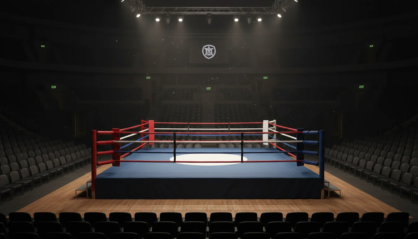 Ring de boxe professionnel éclairé sous les projecteurs avant un combat