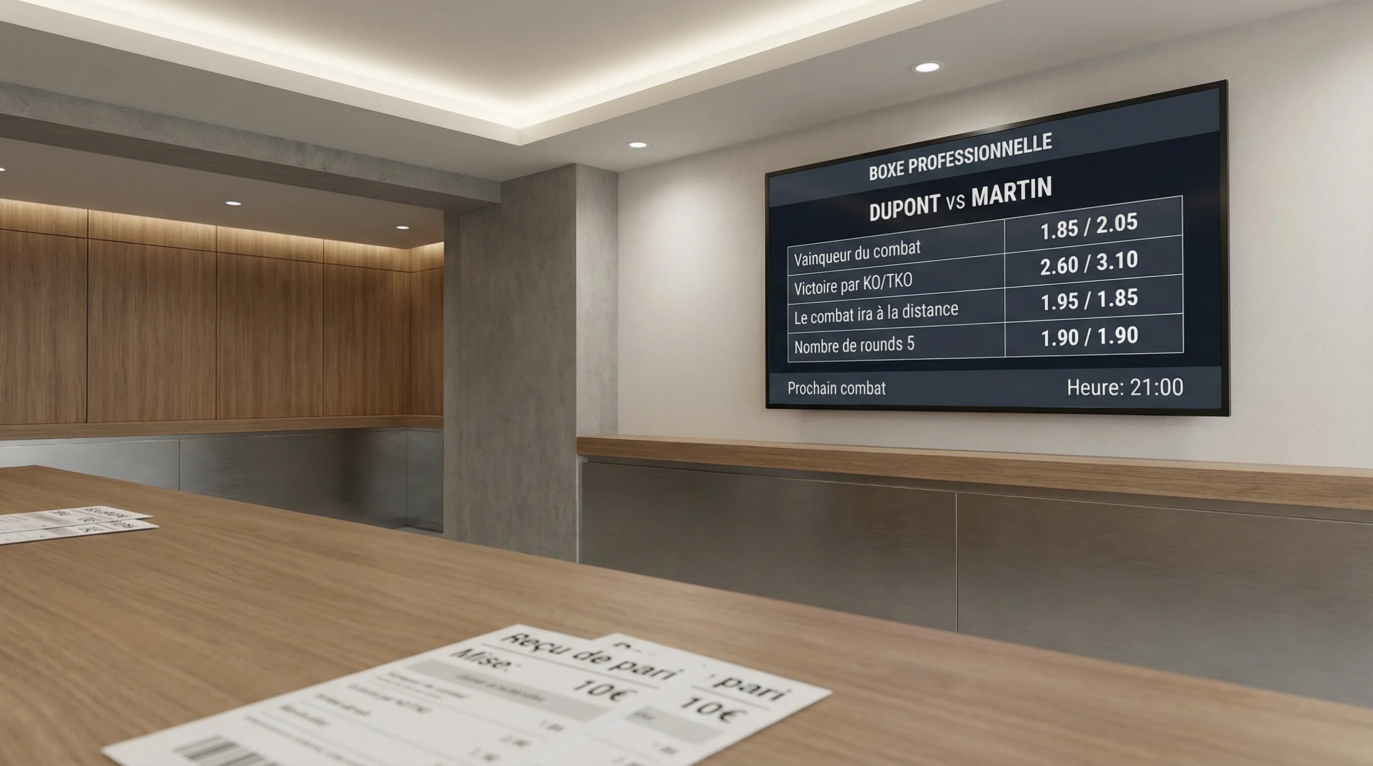 Tableau d'affichage des cotes de boxe sur un écran dans un bureau de paris sportifs