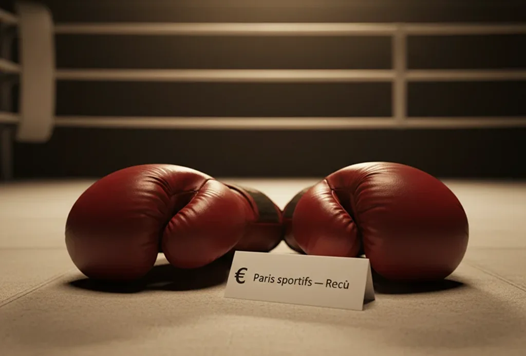 Types de paris sur la boxe : gants de boxe posés sur un ring avec un ticket de pari
